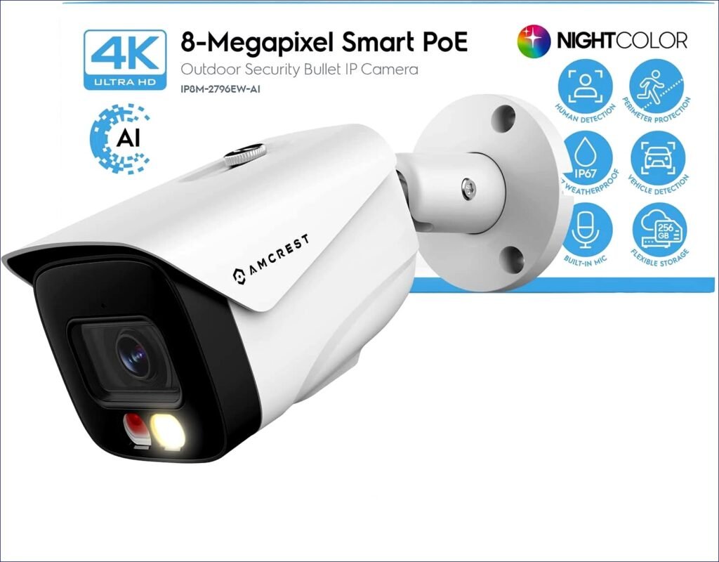 Amcrest UltraHD 4K (8MP) IP PoE AI Camera: FOV 129°, 49ft Color Nightvision, Human & Vehicle Detection, Active Deterrent | Review- 2024