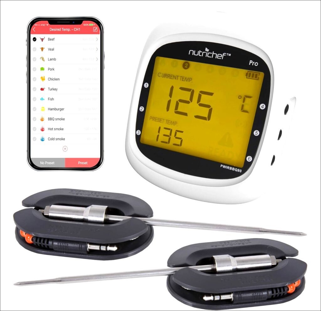NutriChef Wireless Bluetooth BBQ Digital Thermometer: Upgraded stainless smart dual grill probes, remote alert, safe for outdoor use | Review- 2024