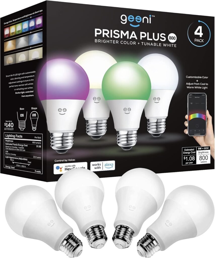 Transform Your Space: Geeni Smart Light Bulbs – Versatile Color Changing & Tunable White, Dimmable, Alexa & Google Home Compatible, 2.4 GHz WiFi, A19, 800 lm, 4 Pack – Illuminate Your Home with Smart Control!