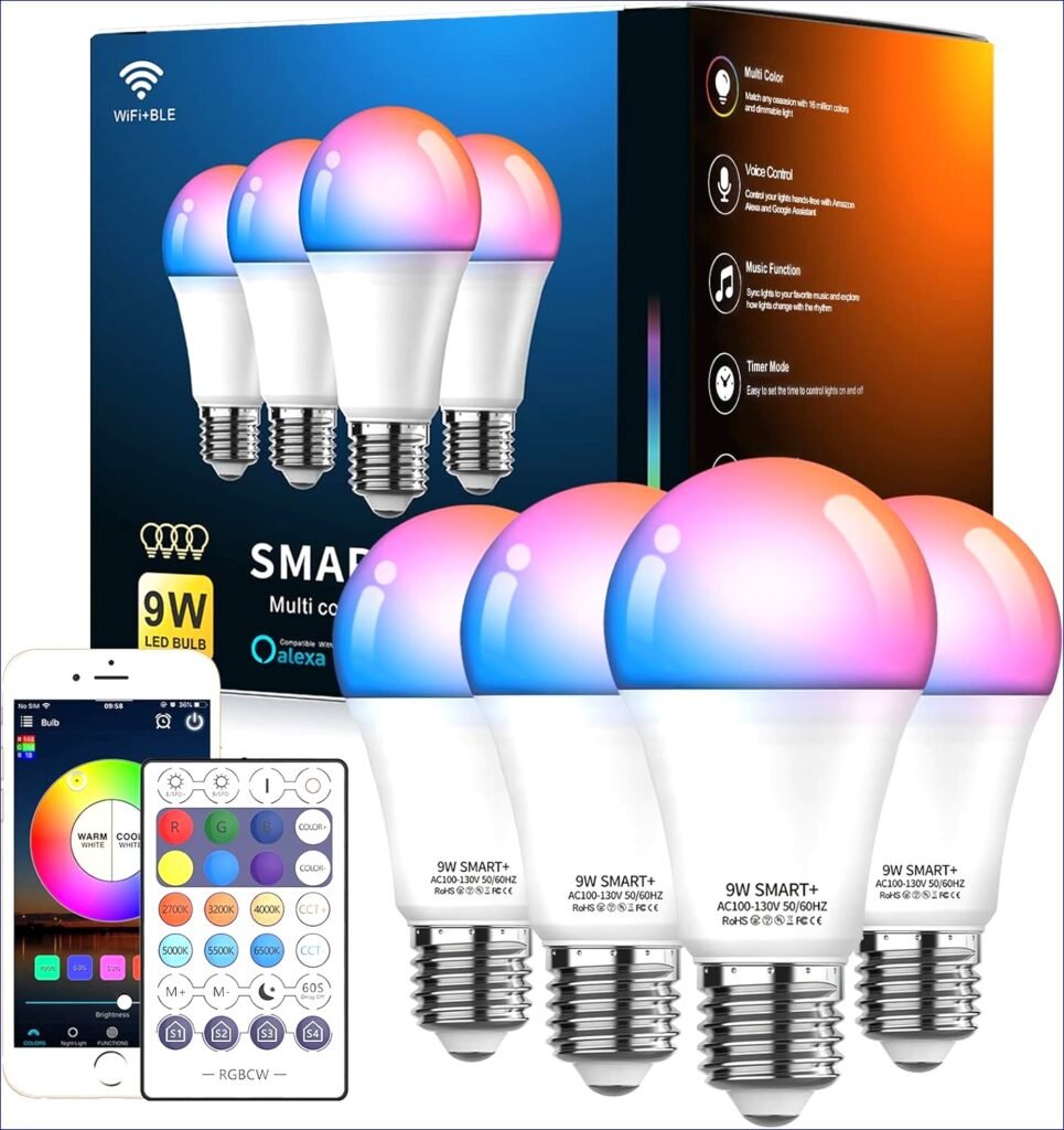 Transform Your Space with Smart Lighting: RGB LED Smart Bulbs 4-Pack – Remote Control, Dimmable, Color Changing A19 E26 800LM, WiFi & Bluetooth Compatible, Perfect for Home Automation with Alexa & Google Assistant!