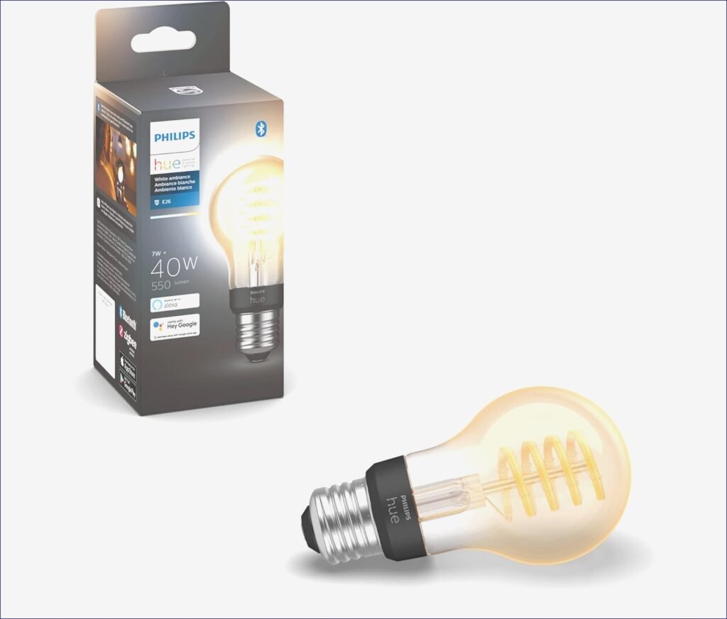 Transform Your Home with Smart Lighting: Philips Hue 40W A19 Filament LED Bulb – Experience Adjustable White Ambiance, High Brightness (550LM), and Seamless Control via Hue App, Alexa, Google Assistant, and Apple HomeKit – 1 Pack